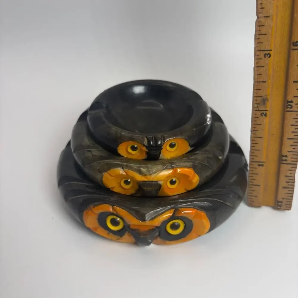 Rare Vtg Alabaster Nesting Set 3 Owl Ashtray/Candy Trinket Dish Made in Italy